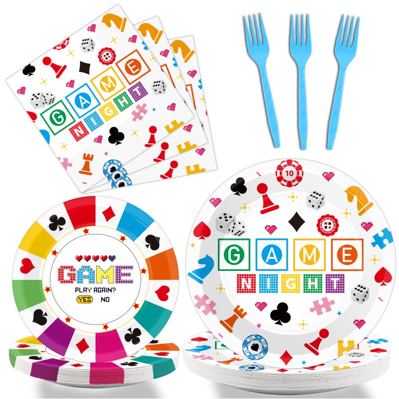 Wiooffen 96 Pcs Family Game Night Party Supplies Gaming Party Decoration For Birthday Party Video Game Party Tableware Set Kids Game Night Party Paper Plate Napkin Fork 24 Guests - Image 1